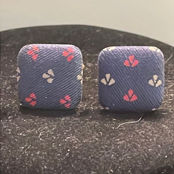 1” gold tone cuff links w/blue Damask fabric red white Fleur de Lis bullet back - Picture 1 of 11